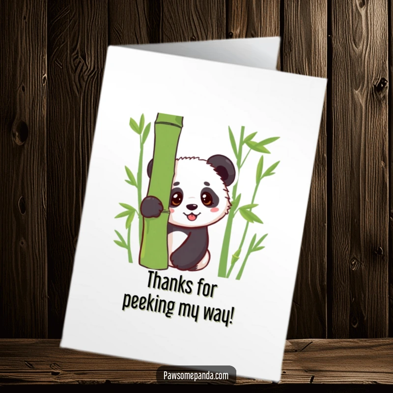 Funny free printable thank you card featuring a kawaii panda cub peeking curiously from behind a vibrant bamboo plant.