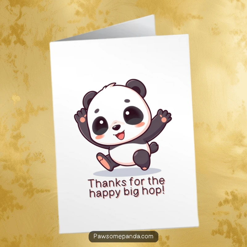 Funny Free Printable Thank You Card with a cheerful panda character doing a happy hop, conveying heartfelt thanks.