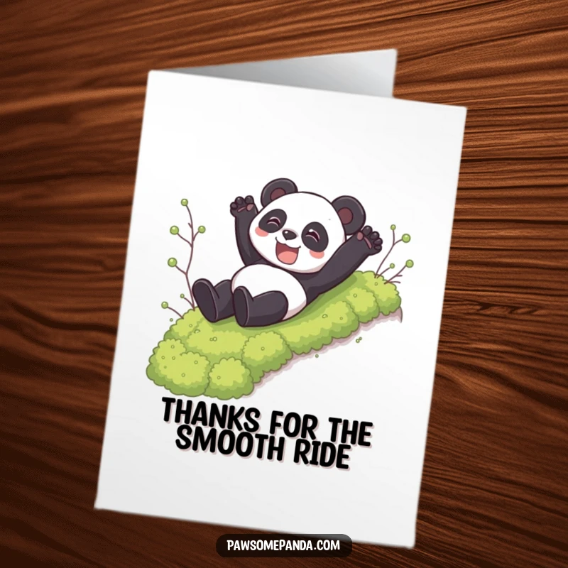 Funny Free Printable Thank You Card: Panda joyfully slides down a green hill, saying thanks with a grin.