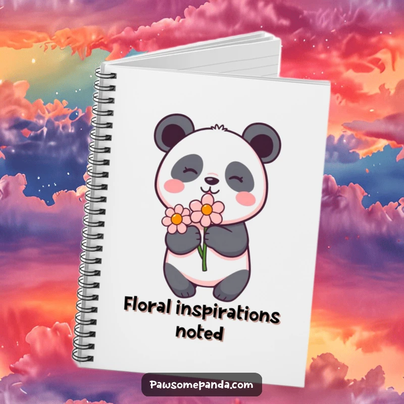 Funny panda notebook with a delighted panda holding a flower, ideal for journaling, notes, and sketches with a floral touch.