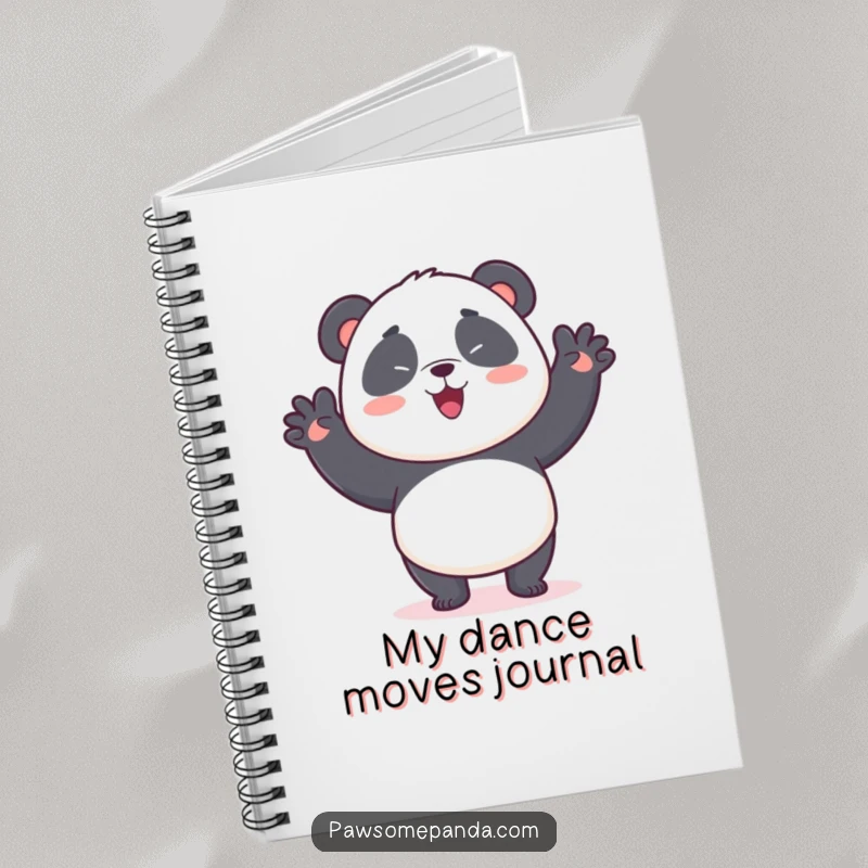 Funny notebook with a kawaii panda bear doing a silly, energetic wiggle dance, perfect for jotting down notes with a smile.