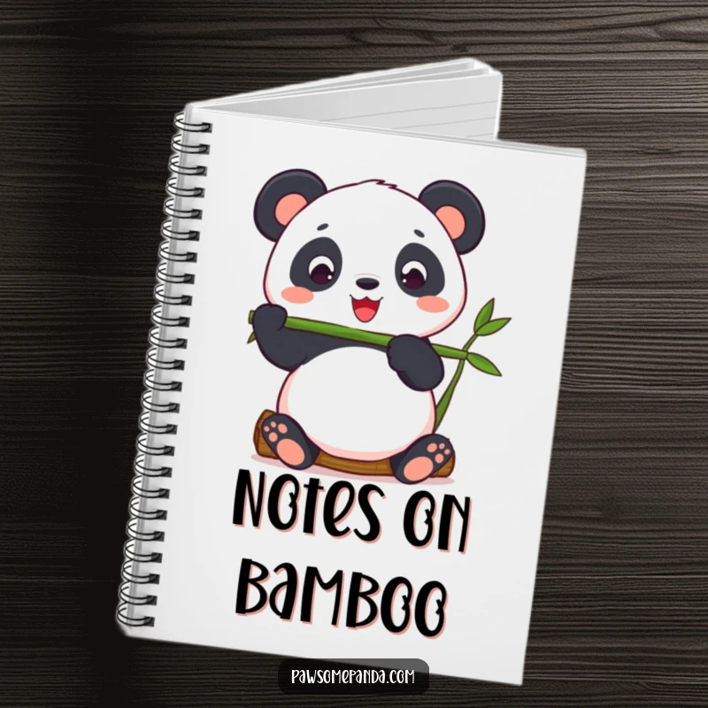 Funny panda balancing bamboo on a notebook cover, perfect for journaling focus.