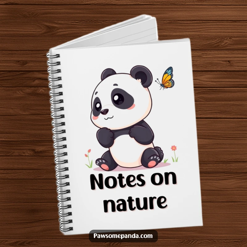 Funny notebook with a curious panda tilting its head, observing a butterfly, perfect for nature journaling.