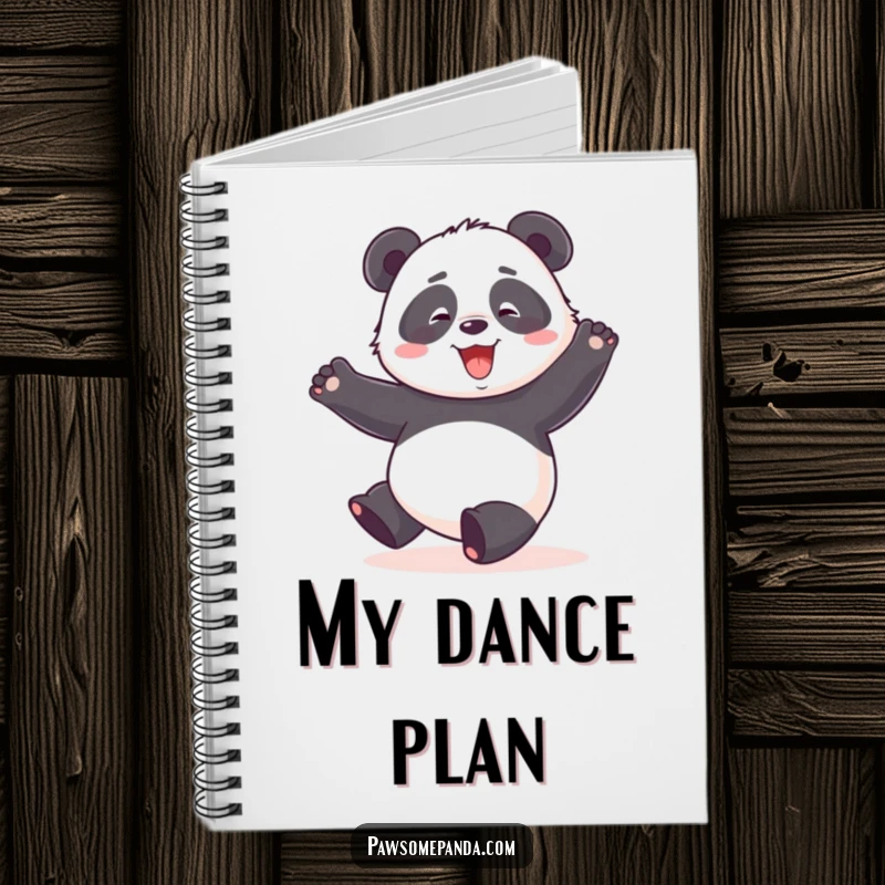 Funny notebook with a panda character doing a clumsy, happy dance with arms in the air.