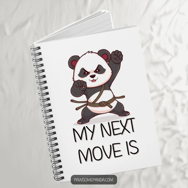 Funny notebook with a panda striking a determined martial arts pose, perfect for note-taking and inspiring focused action.