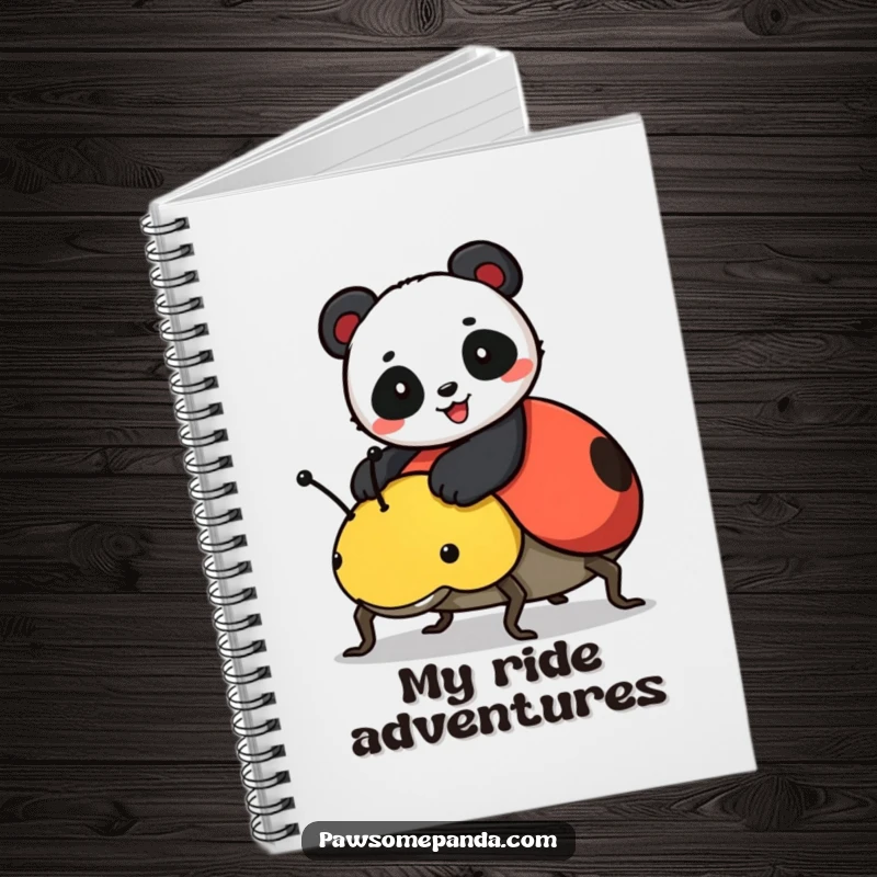 Funny notebook with a cheerful panda riding a ladybug, ideal for capturing notes, ideas, and dreams.