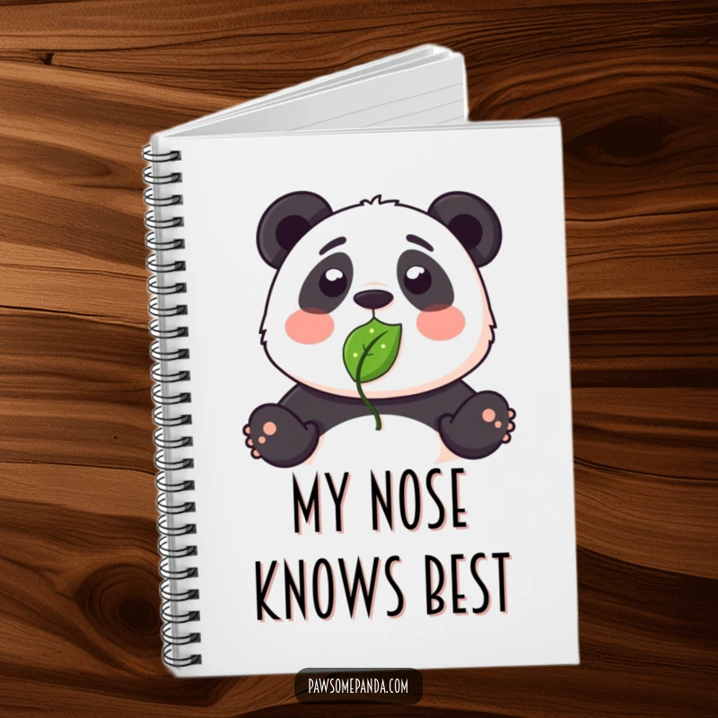 Funny notebook cover with a surprised panda cartoon and a leaf humorously stuck to its nose.
