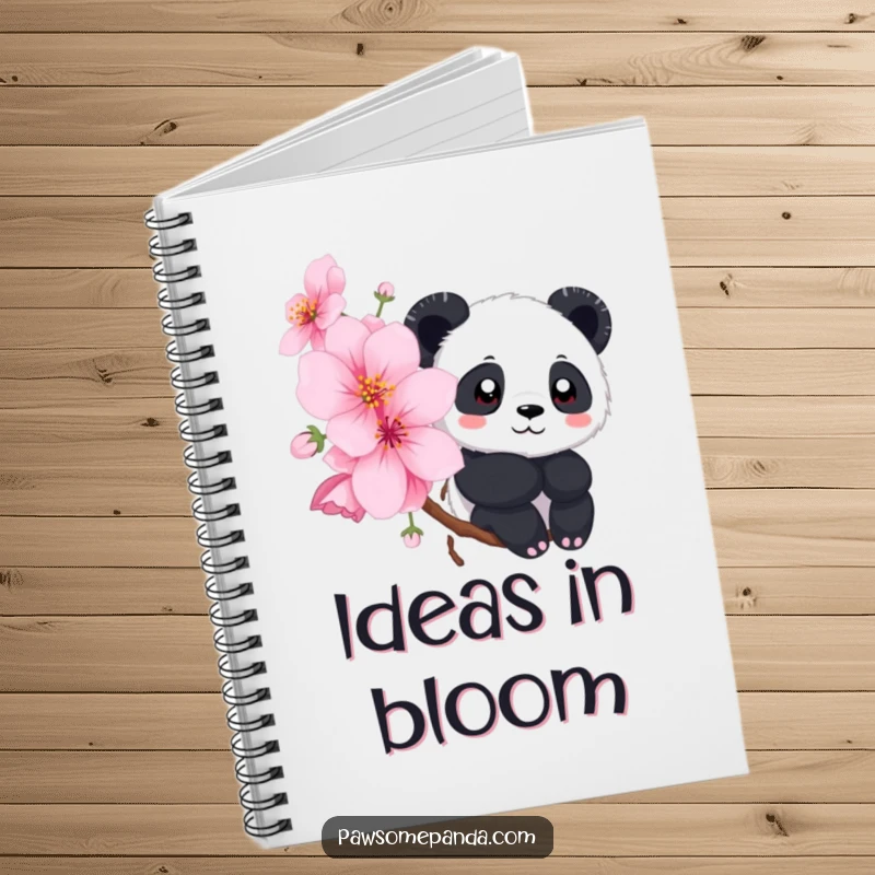Funny notebook featuring a panda peeking from behind a cherry blossom, perfect for jotting down ideas with a hint of sweetness.