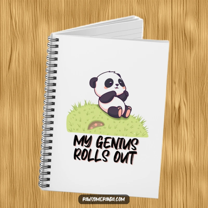 Funny notebook cover featuring a panda character energetically rolling down a grassy hill, inviting creativity and laughter.