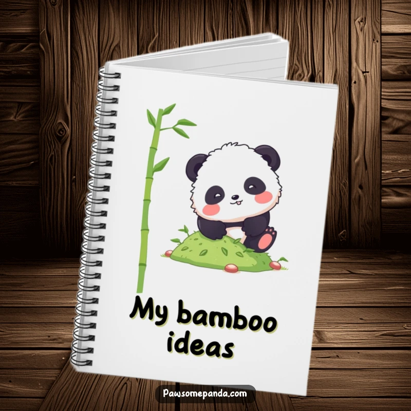 Funny panda notebook with a fluffy character tumbling down bamboo shoots on the cover, perfect for writing.