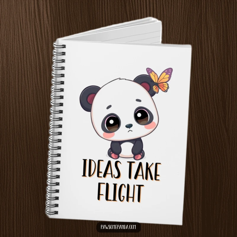 Funny notebook cover featuring a panda with wide eyes mesmerized by a butterfly, inspiring creativity and gentle contemplation.