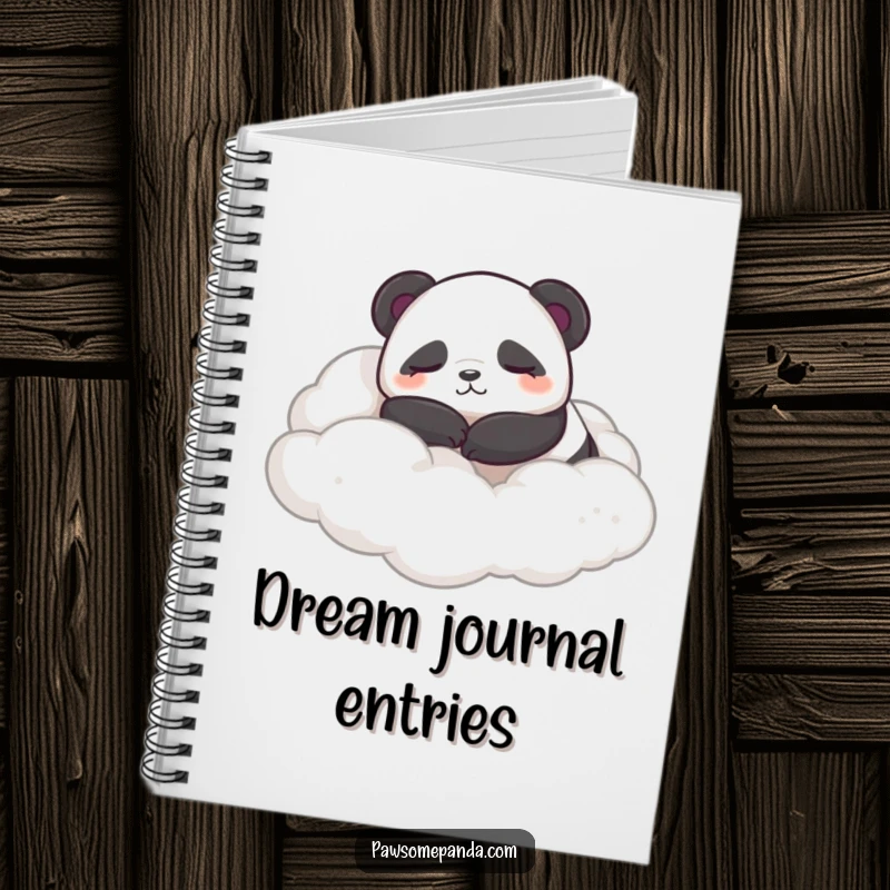 Funny notebook with a sleepy panda contentedly rolling in fluffy clouds, perfect for dream journaling.
