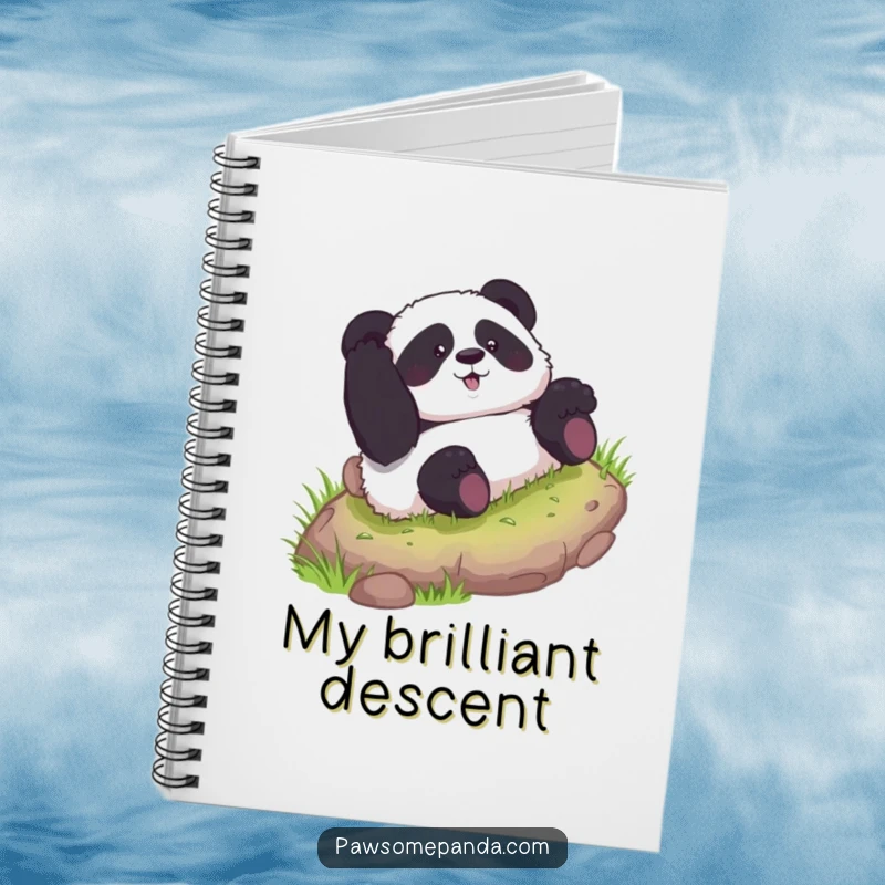 Funny notebook featuring a curious panda character rolling down a grassy hill, ideal for sketching, writing, and doodling fun.