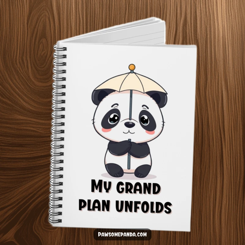 Funny notebook cover with a determined panda balancing a tiny umbrella on its nose, inspiring focused writing.