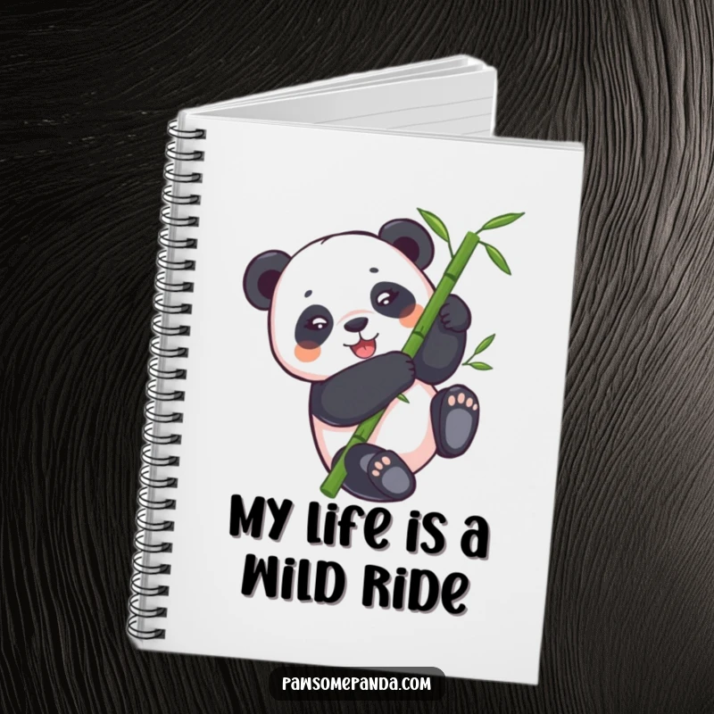Funny panda notebook featuring a panda bear tumbling down a bamboo stalk, ideal for capturing notes with humorous flair.