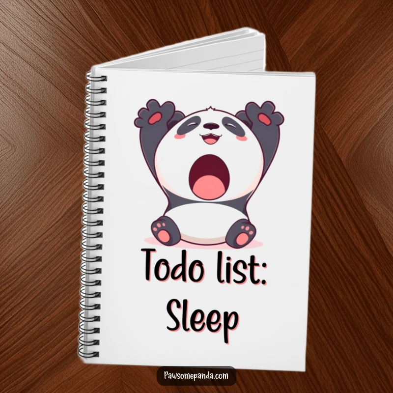 Funny Kawaii Panda Notebook with a cute panda bear stretching with a big yawn and a smile, ideal for notes.