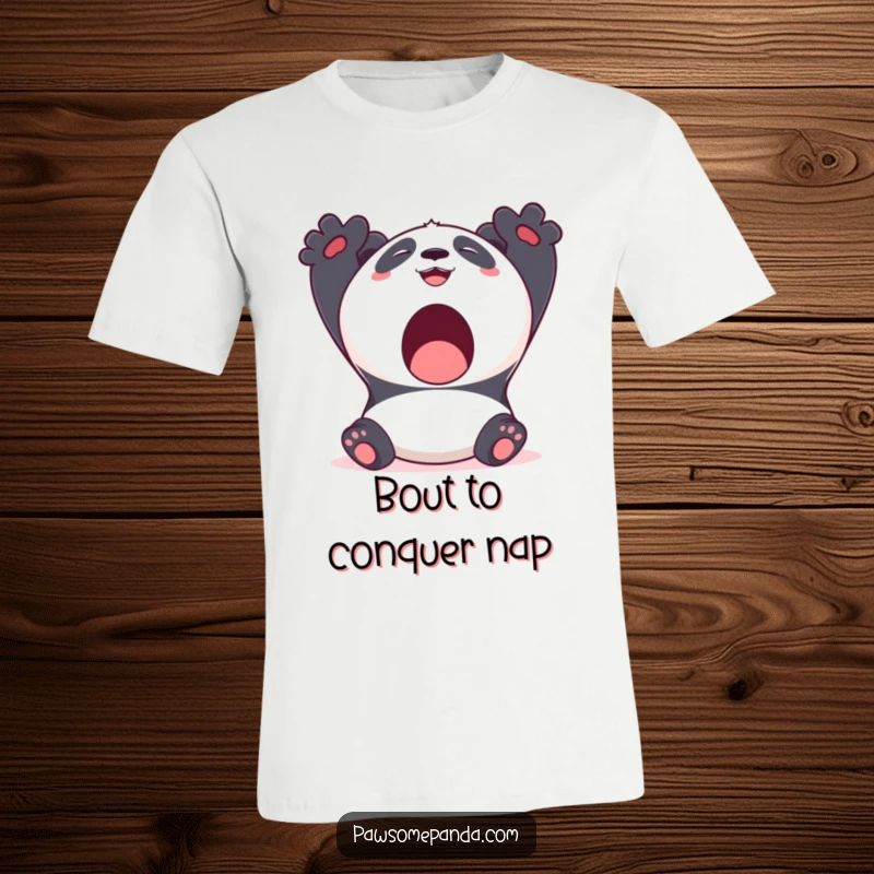 Funny Kawaii Panda T-Shirt depicting a cute panda bear stretching with a huge yawn and a cheerful smile, very relaxed.