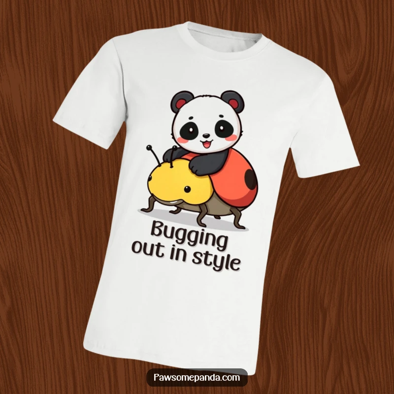 Funny t-shirt featuring a cheerful panda riding on a large, friendly ladybug, celebrating friendship and adventure.