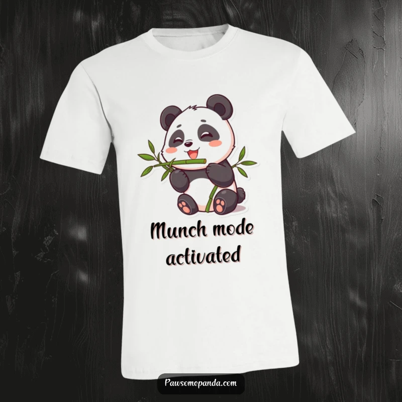 Funny t-shirt print of a cute panda character enthusiastically munching on a large bamboo stalk, embodying pure delight.
