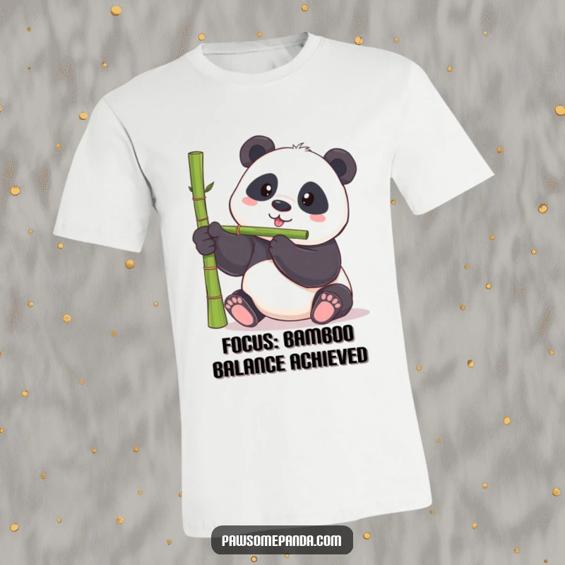 Funny panda t-shirt of a chubby panda bear humorously trying to balance a bamboo shoot on its nose, a delightful design.