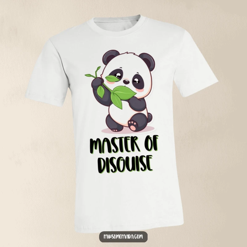 Funny panda shirt, playfully tricking or hiding with a leaf, showcasing clever mischief.