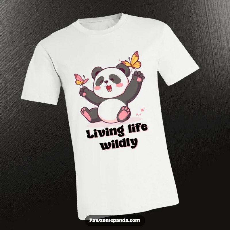Funny panda t-shirt with a playful panda character energetically chasing a butterfly, symbolizing joy and freedom.