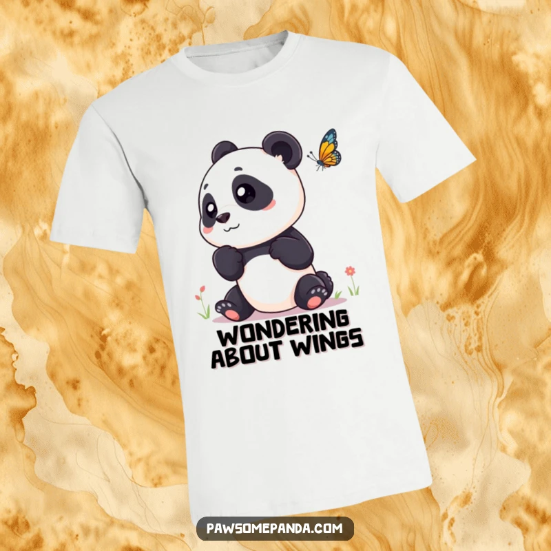 Funny t-shirt featuring a curious panda tilting its head, captivated by a fluttering butterfly, showcasing gentle observation.