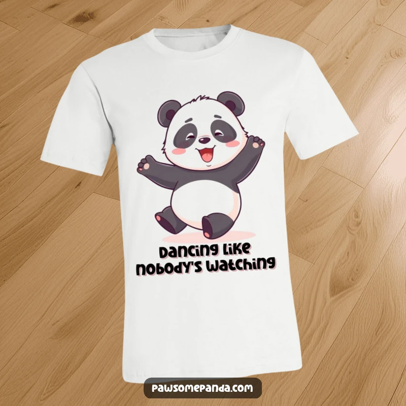Funny t-shirt depicting a panda character energetically performing a clumsy, happy dance with arms raised high.