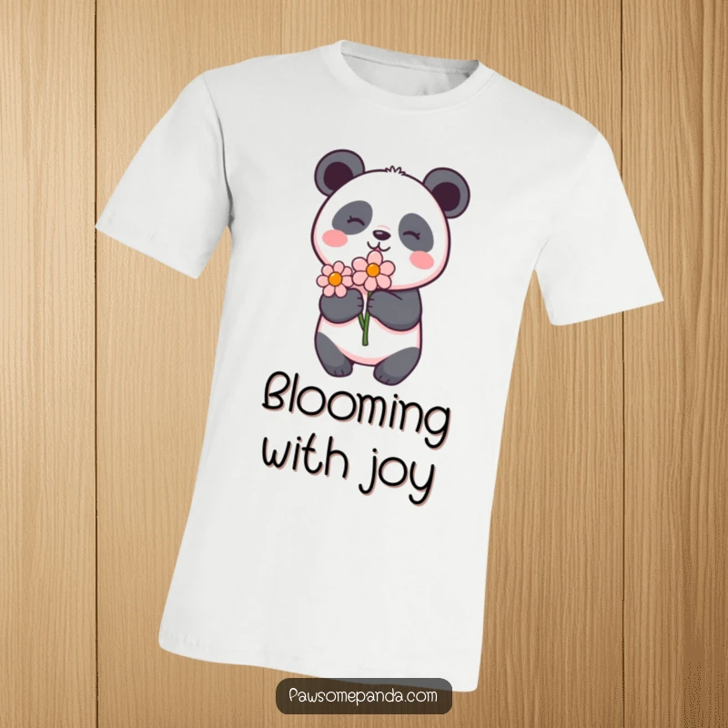 Funny panda t-shirt with a joyful panda character holding a flower, radiating happiness and a love for nature.