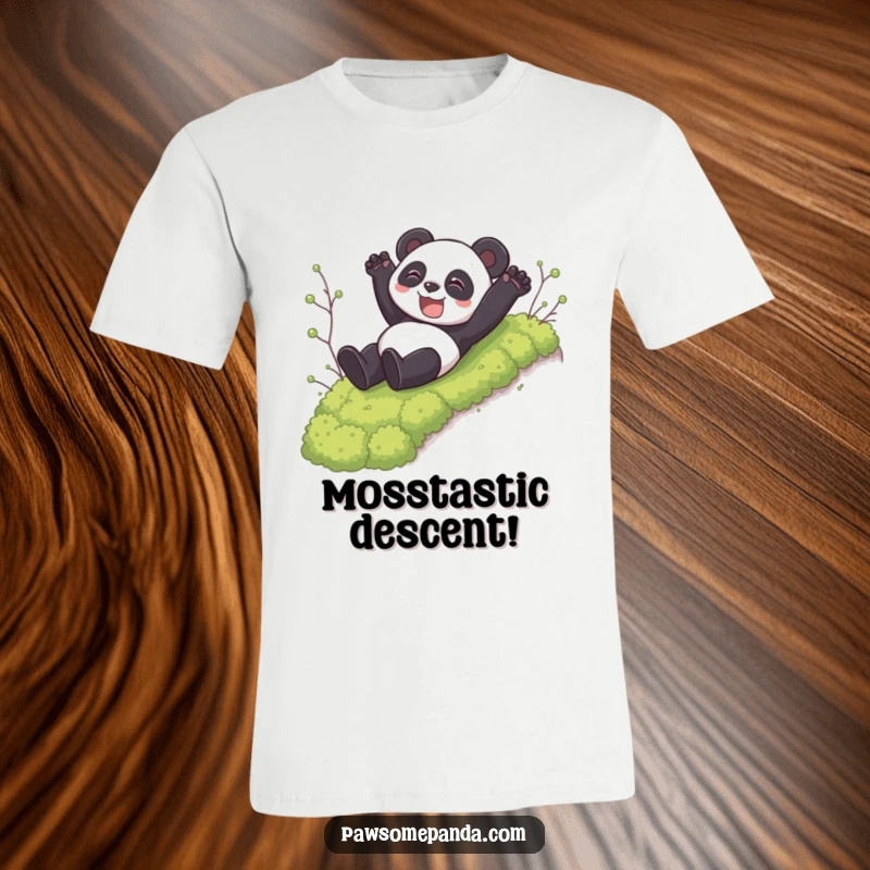Funny t-shirt showing a happy panda sliding down a mossy slope with a big grin, embodying playful freedom.