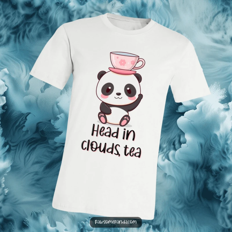 Funny t-shirt depicting a panda perfectly balancing a teacup on its head, showcasing poise and a touch of whimsy.