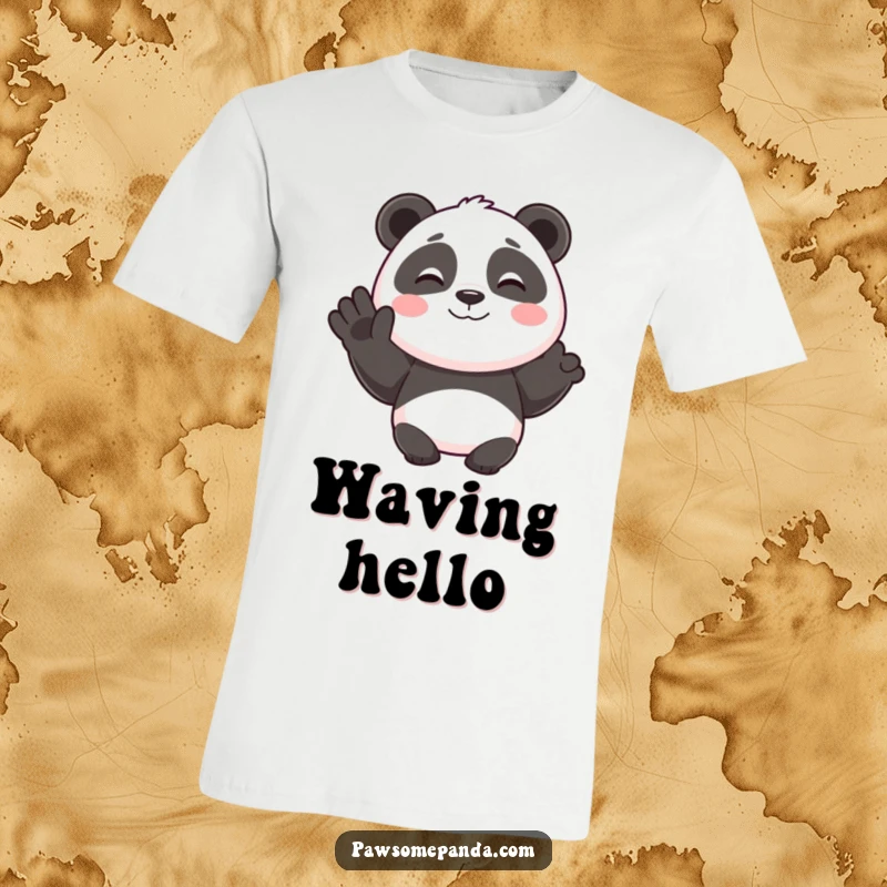 Funny t-shirt print of a smiling panda character giving a friendly, happy wave, embodying warmth and positive energy.