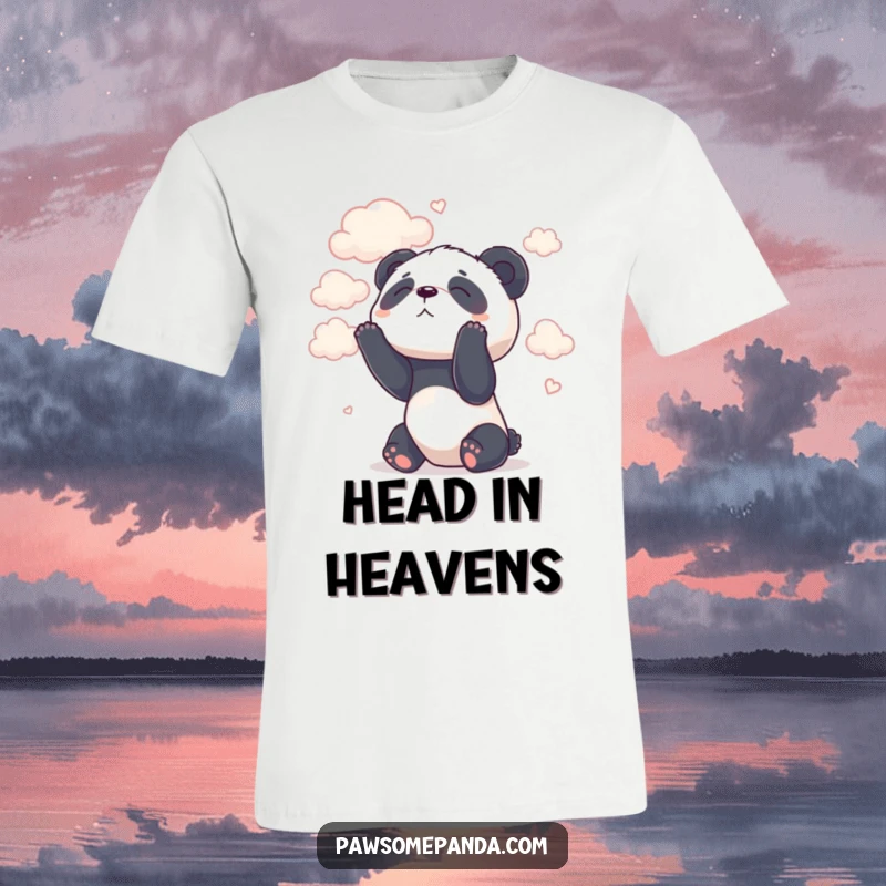 Funny t-shirt showcasing a peaceful panda character gazing upwards at fluffy, cotton-like clouds.