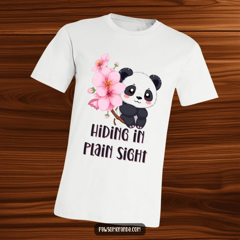 Funny t-shirt depicting a shy panda character playfully peeking from behind a large, beautifully blooming cherry blossom.