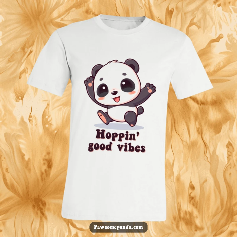 Funny t-shirt showcasing a happy panda character captured in a delightful, energetic hopping motion, exuding pure fun.