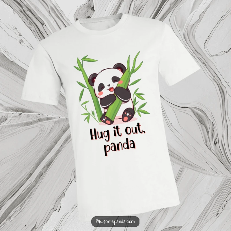 Funny T-Shirt: A joyful panda character embraces a large bamboo leaf with immense delight, looking hilariously happy.