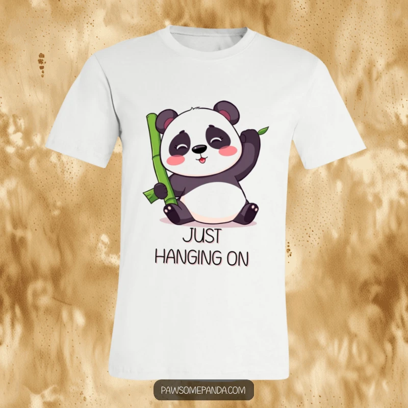 Funny kawaii panda bear wobbling while balancing a huge bamboo stalk, depicted on a t-shirt, highlighting humorous effort.