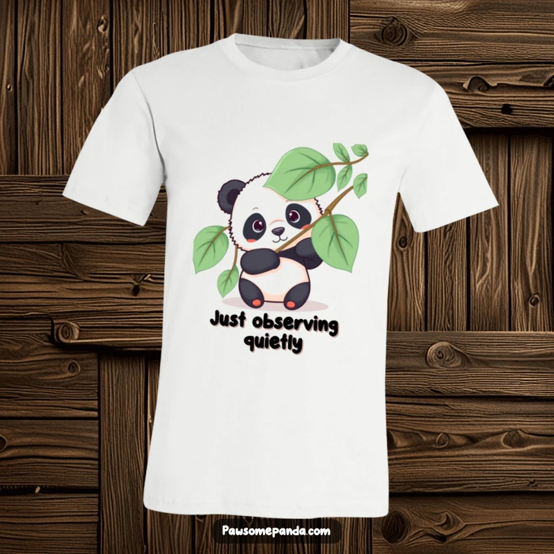 Funny panda t-shirt showing a curious panda bear peeking from behind a large leafy fan, a humorous and intriguing design.