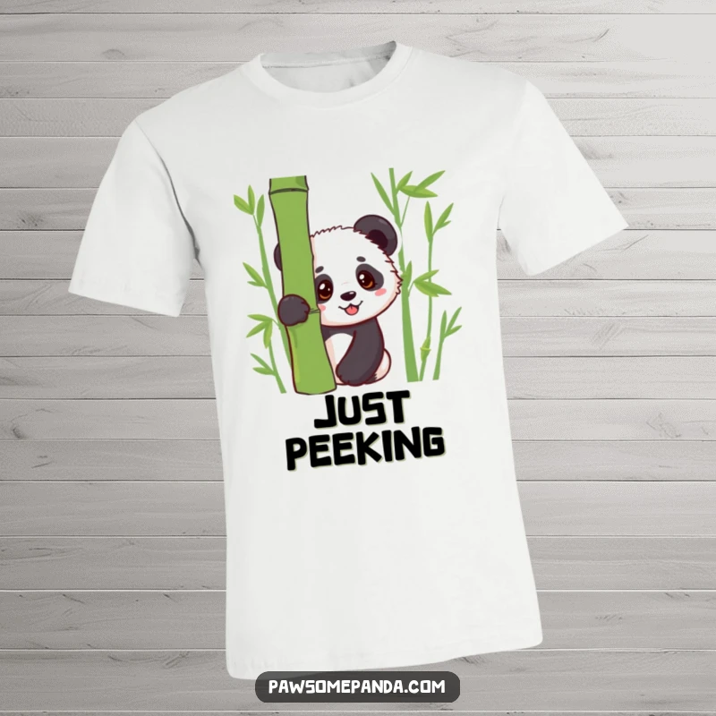 Funny t-shirt with a kawaii panda cub peeking curiously from behind a bamboo plant, exuding innocence and charm.