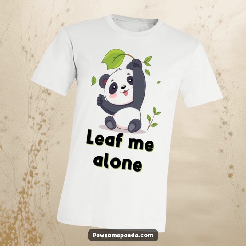 Funny Panda T-Shirt showing a character reaching gracefully for a falling leaf, a serene yet humorous depiction.
