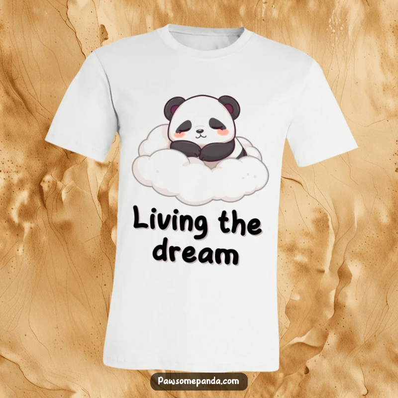 Funny t-shirt with a sleepy panda character contentedly rolling in soft, fluffy clouds, embodying peaceful slumber.