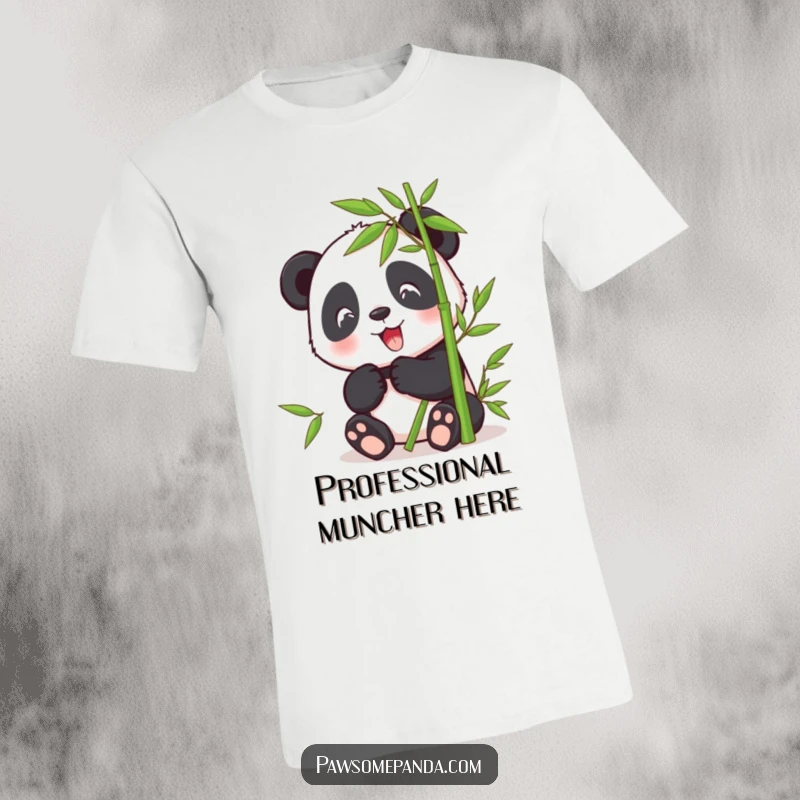 Funny t-shirt graphic of a joyful panda character contentedly chewing on a pile of green bamboo shoots.
