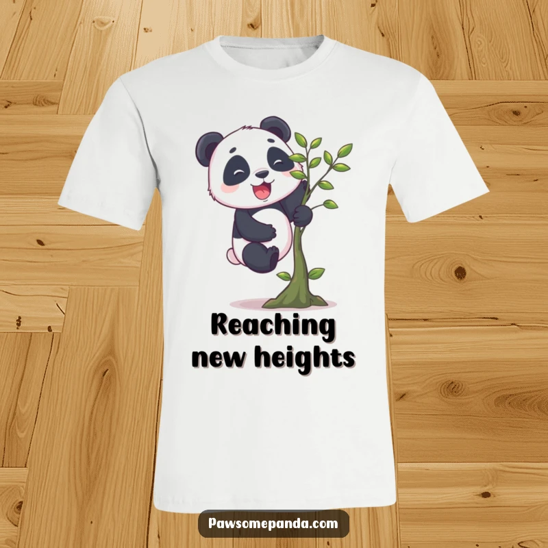 Funny panda t-shirt depicting a cheerful panda with short legs enthusiastically attempting to climb a very small tree, embodying playful determination.