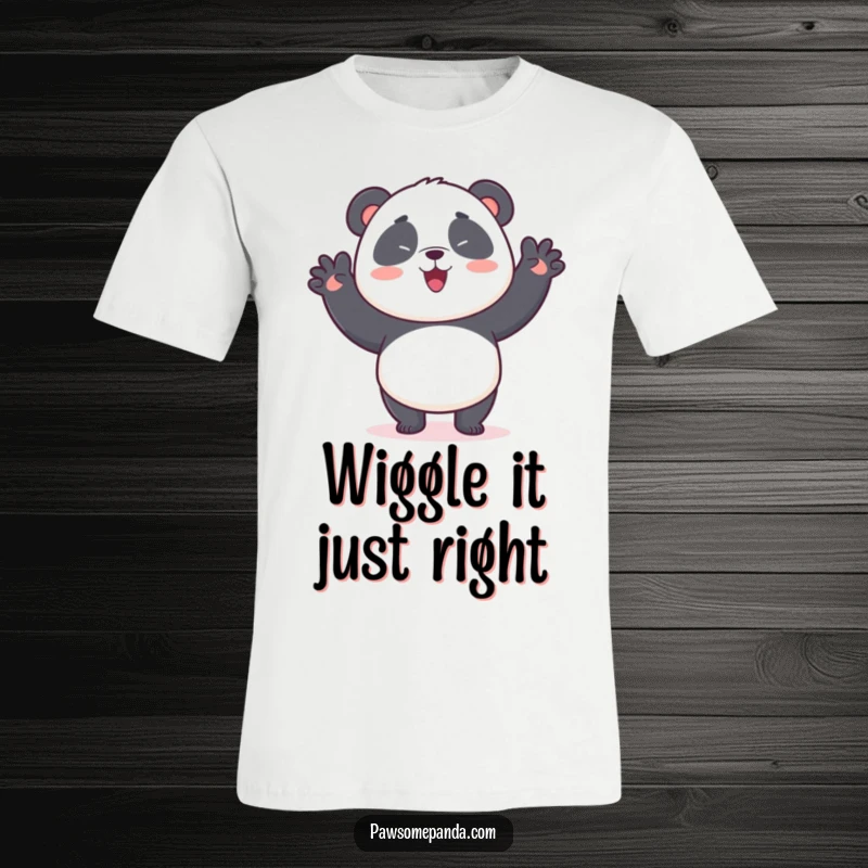 Funny t-shirt featuring a kawaii panda bear caught mid-wiggle dance, radiating pure silliness and happiness, perfect for panda enthusiasts.