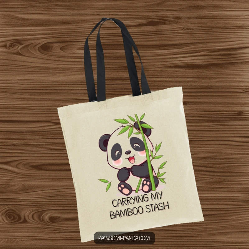 Funny tote bag featuring a happy panda character enjoying a tasty bamboo snack, perfect for grocery runs and everyday adventures.