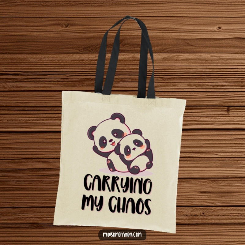 Funny tote bag featuring two giddy pandas hilariously tumbling together in a playful heap.