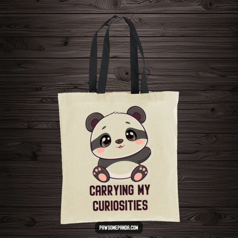Funny panda tote bag with a curious panda character looking up, ideal for daily use and animal lovers.
