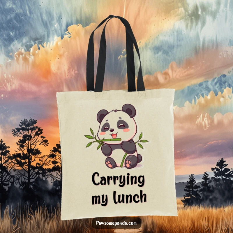 Funny tote bag graphic of a cute panda character happily munching on bamboo, perfect for shopping and everyday use.