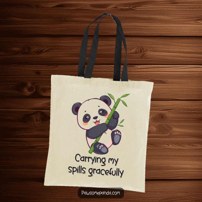 Funny panda tote bag with a panda bear joyfully tumbling down a bamboo stalk, adding humor to your daily errands.