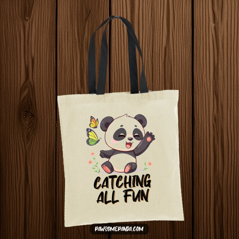 Funny Tote Bag: A panda playfully swatting at a butterfly, perfect for carrying essentials with playful humor, a funny gift.